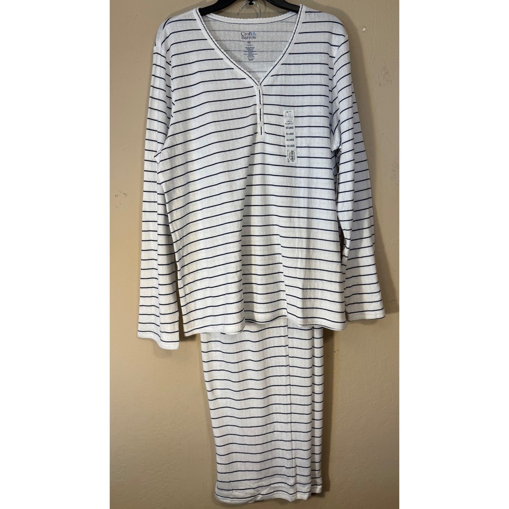 Croft & Barrow Pajama Set Women XXL White Blue Striped Henley Sleepwear NEW
